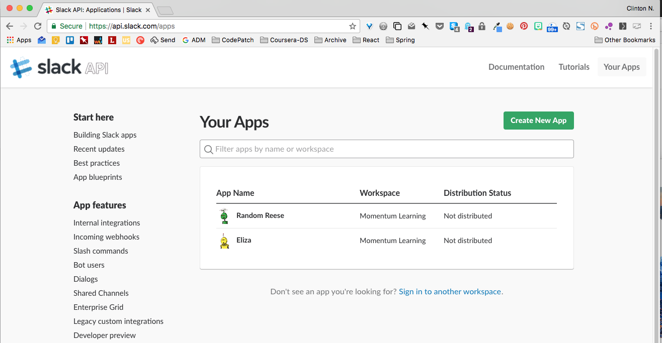 Your Apps page on Slack